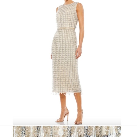 MACDUGGAL Dress Size 14 Evening Gown Sequin Gems Cream Sheath Midi